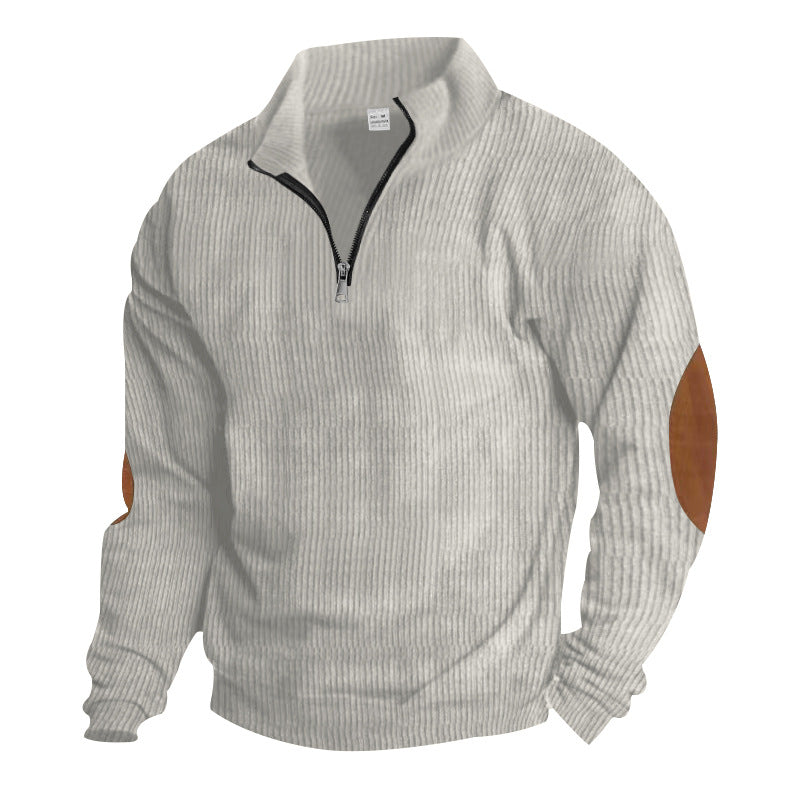 Herren nan gerippter Feinstrick-Pullover mit kurzem Reißverschluss Stehkragen und Lederoptik-Ellbogenpatches R&B