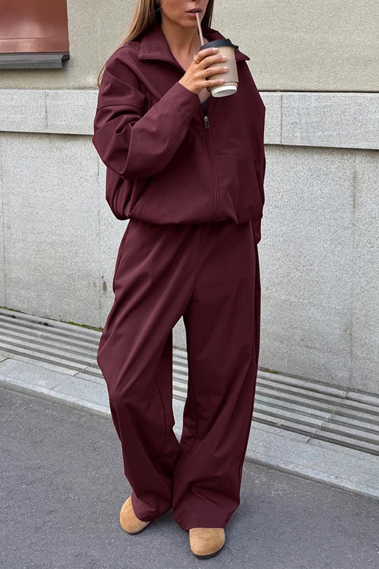 R&B | Burgunder Langarm Revers Trenchcoat Hoch Taillierte Slim Fit Hose Satz