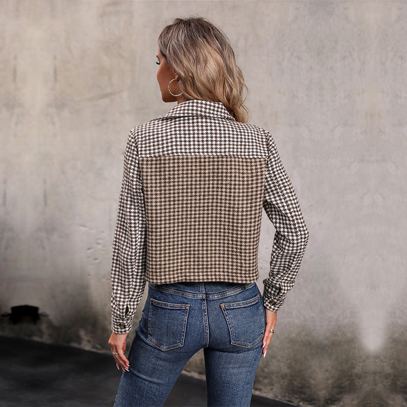 Damen lässige Karo-Jacke mit cropped Schnitt und praktischen Brusttaschen R&B