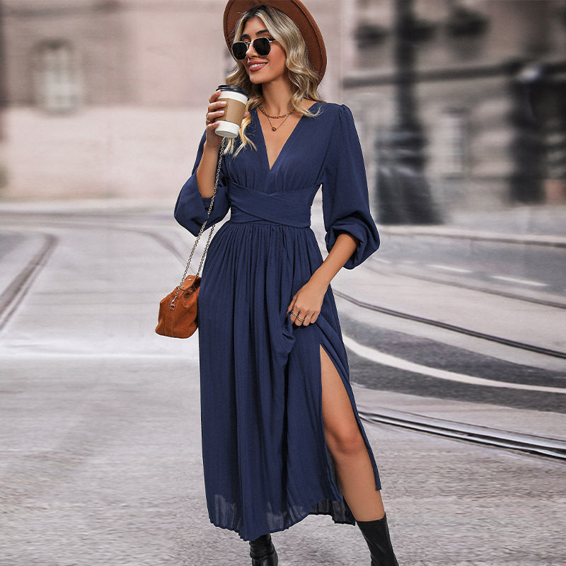 Damen Maxikleid mit V-Ausschnitt und langen Ärmeln R&B
