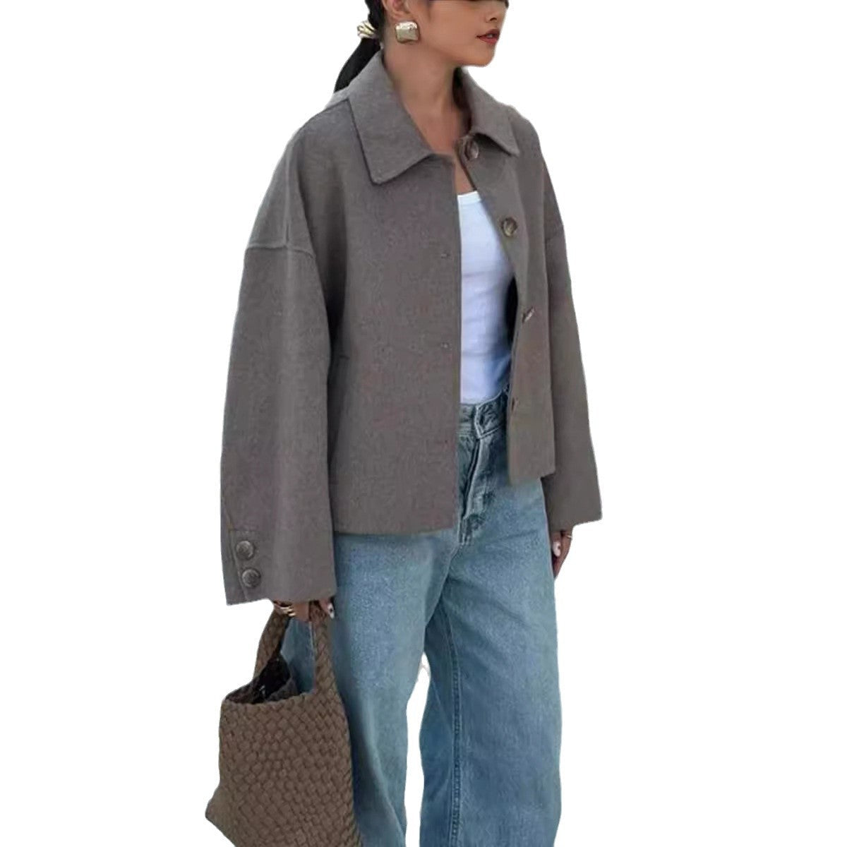 Damen Modische Oversized-Wolljacke mit Knopfdetails und weitem Schnitt R&B