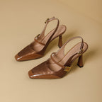 Damen Slingback-Pumps mit eleganter Quadratischer Spitze und glänzendem Riemendesign