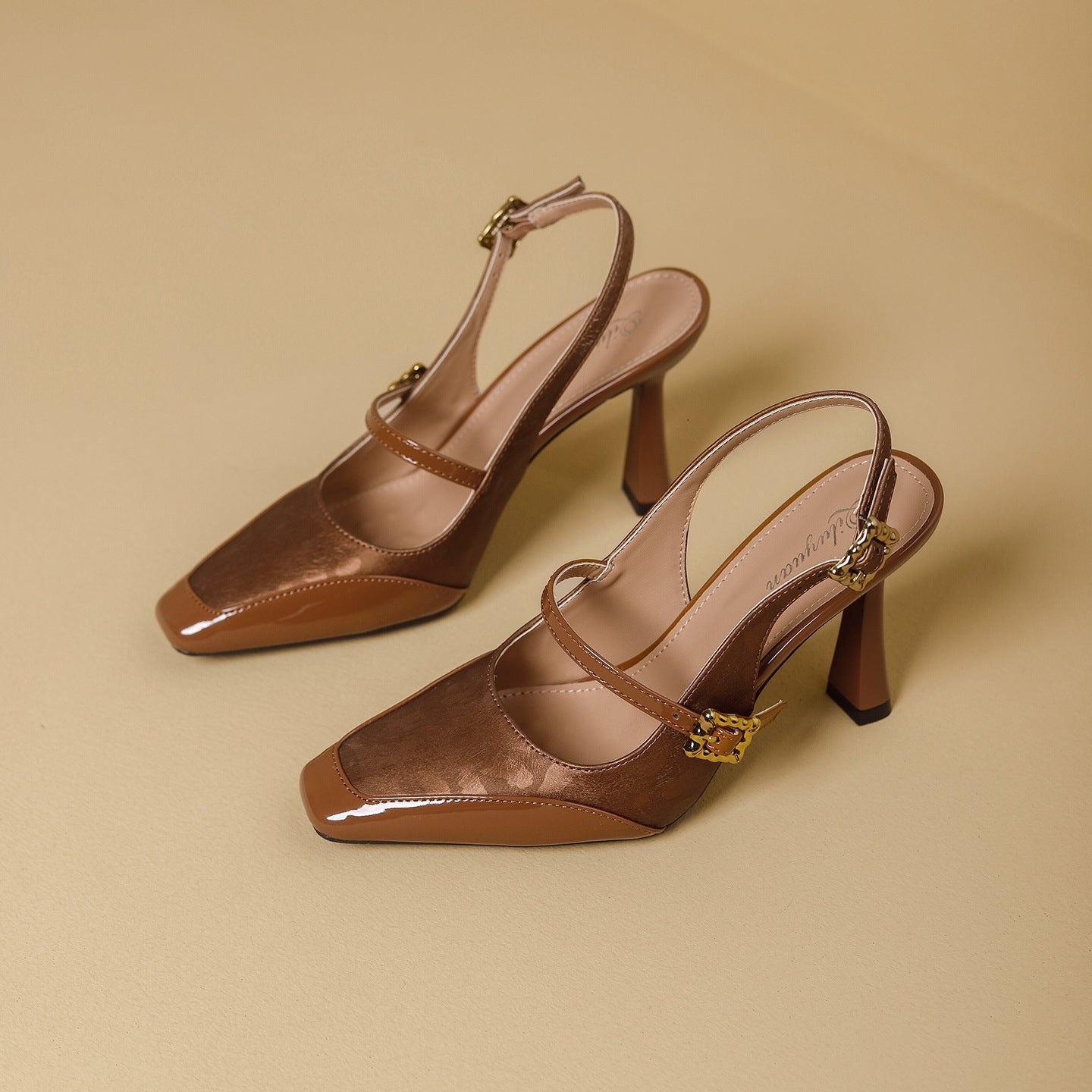Damen Slingback-Pumps mit eleganter Quadratischer Spitze und glänzendem Riemendesign