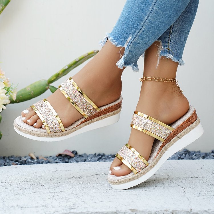 Damen Glamouröse Wedge-Sandaletten mit Glitzer-Riemen und komfortablem Fußbett R&B