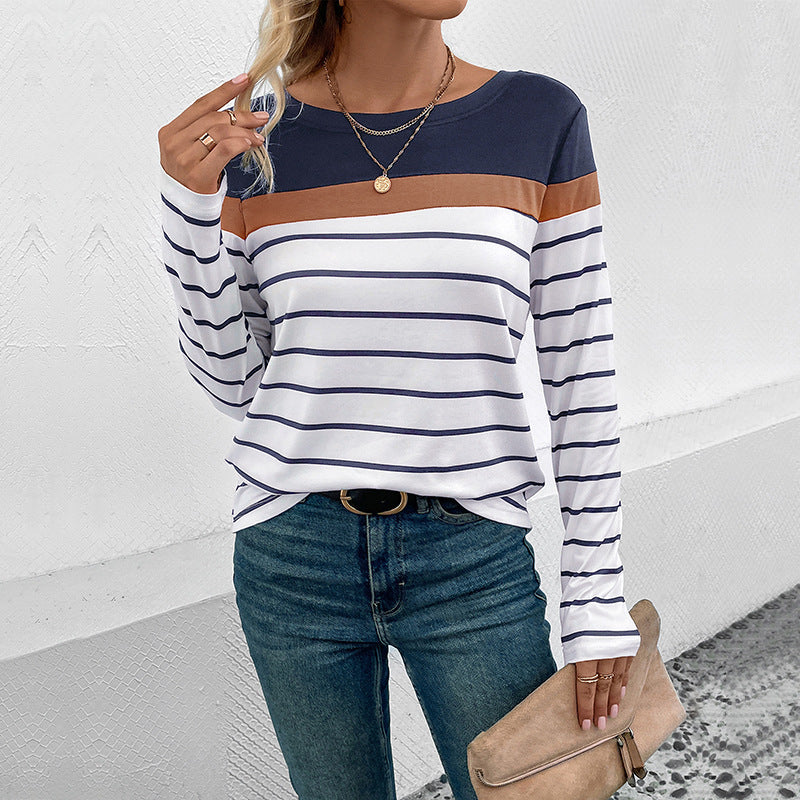 Damen Langarmshirt mit modischem Streifenmuster und kontrastierendem Oberteil R&B