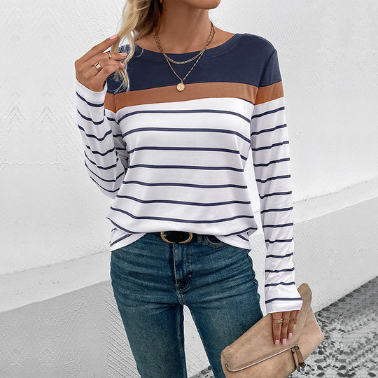 Damen Langarmshirt mit modischem Streifenmuster und kontrastierendem Oberteil R&B