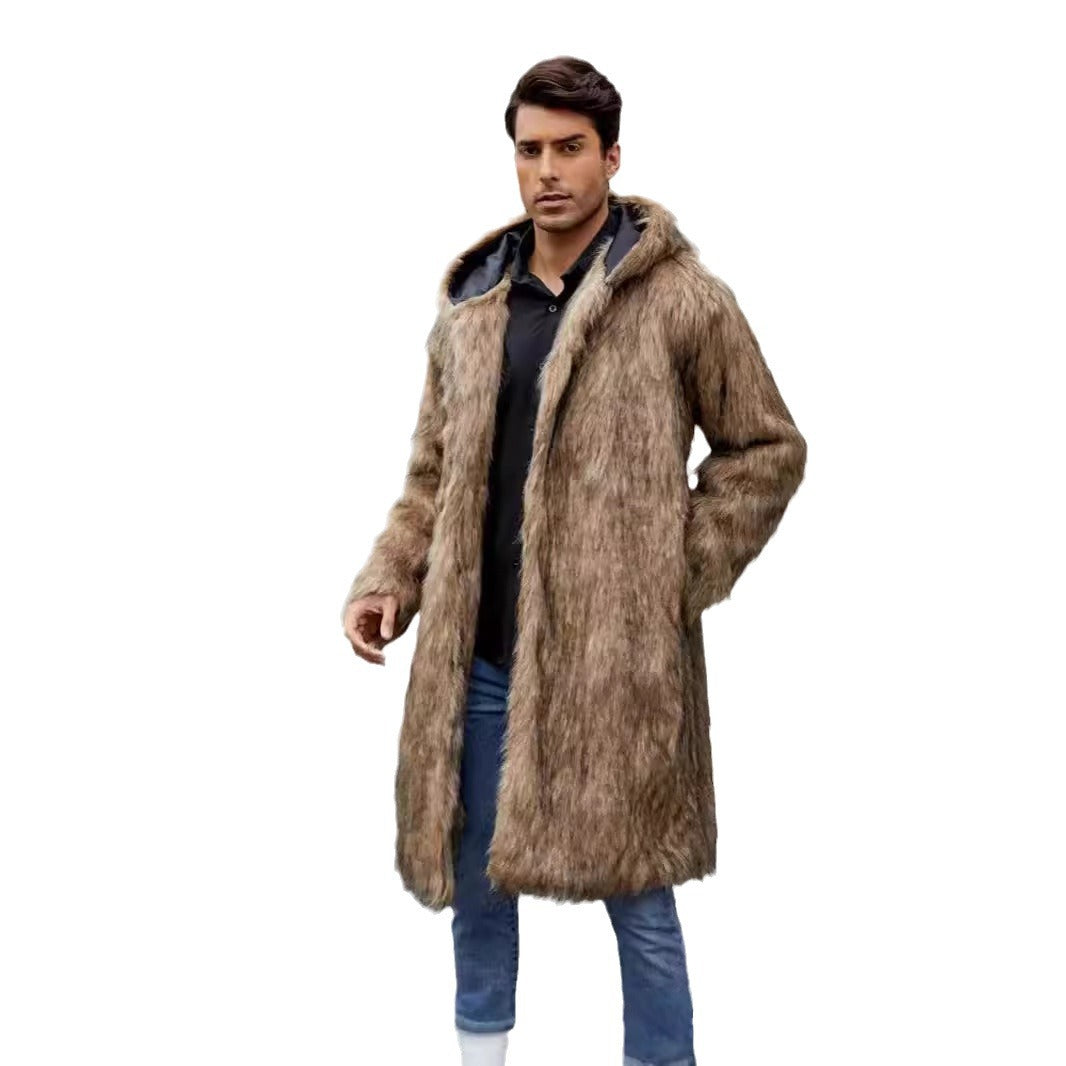 Herren Luxuriöser Kunstfellmantel mit Kapuze R&B