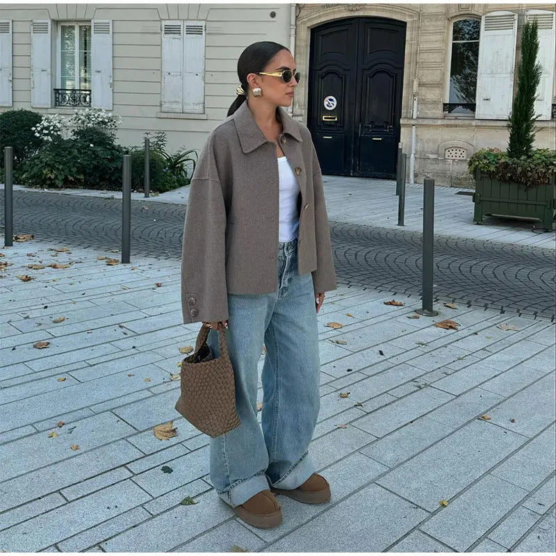 Damen Oversized Wolljacke mit Knopfdetail R&B