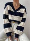 Damen nan gestreifter Grobstrick-Pullover mit Zopfmuster, tiefem V-Ausschnitt und oversized Passform R&B