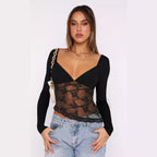 Damen Spitzenbluse mit tiefem V-Ausschnitt und langärmligem Design R&B