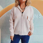 Damen lässige Strickjacke mit praktischen Taschen und hohem Kragen R&B
