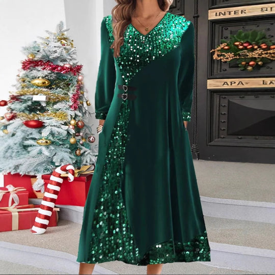 Damen nan festliches Pailletten-Panel-Maxikleid mit V-Ausschnitt langen Ärmeln und dekorativen Taillengurten R&B