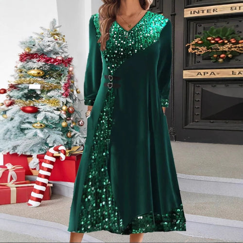 Damen nan festliches Pailletten-Panel-Maxikleid mit V-Ausschnitt langen Ärmeln und dekorativen Taillengurten R&B