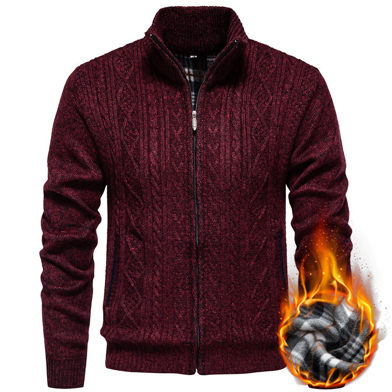 Herren nan grobgestrickter Cardigan mit Zopfmuster, Stehkragen und kariertem Innenfutter R&B