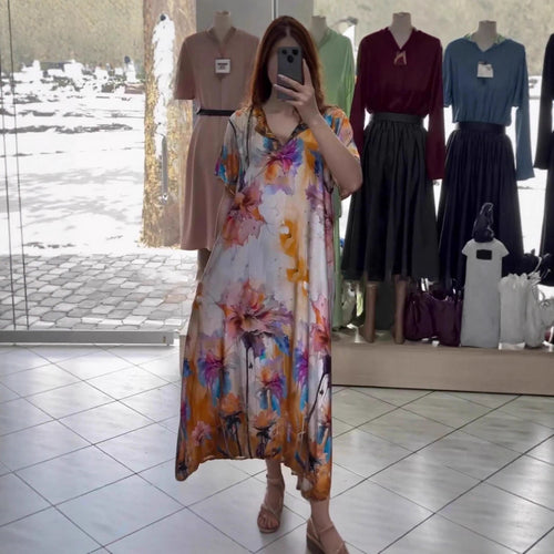 Damen nan fließendes Maxi-Kaftankleid mit V-Ausschnitt und großflächigem Aquarell-Blumenprint R&B