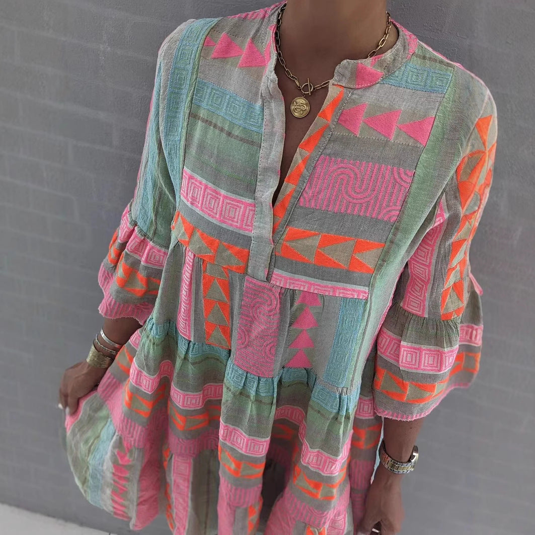 Damen luftiges Boho-Kleid mit eingewR&Bten Mustern und kurzen Ärmeln R&B