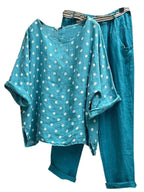 Damen Kombination aus leichten Rundhalsbluse mit Punkten und bequemen Hose R&B