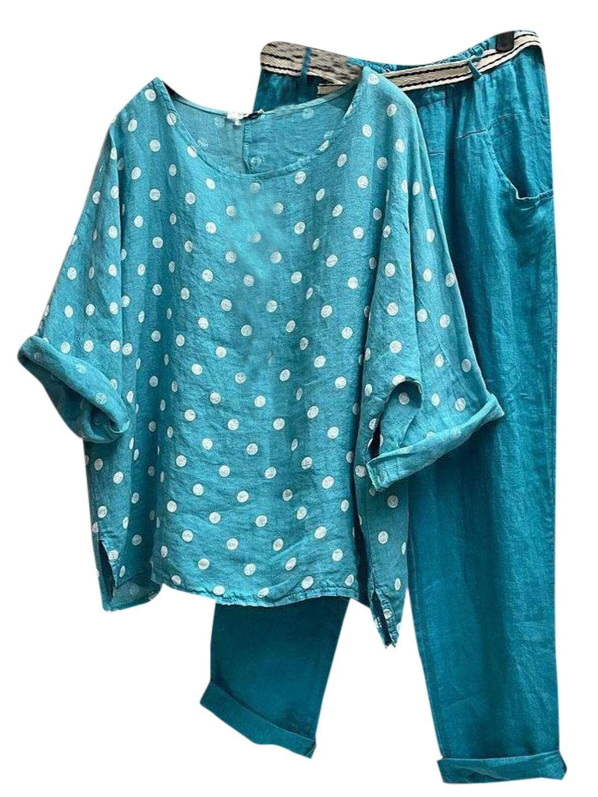 Damen Kombination aus leichten Rundhalsbluse mit Punkten und bequemen Hose R&B