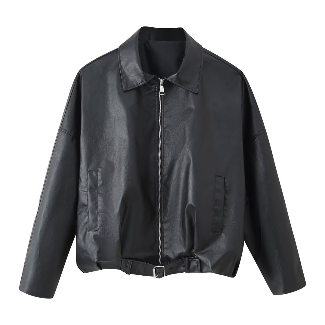 Damen modische Kunstlederjacke mit Taillengürtel R&B