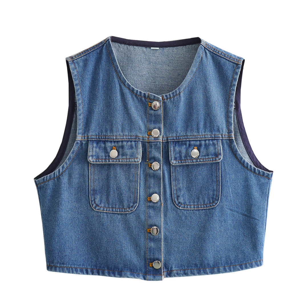Damen Denim Weste mit stilvollen Taschen und klassischem Knopfverschluss R&B