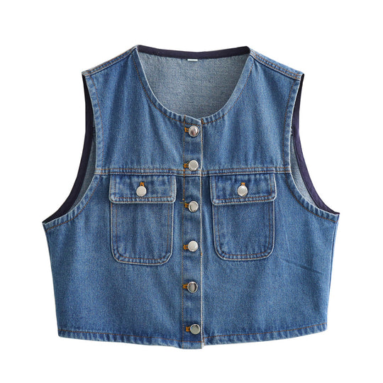 Damen Denim Weste mit stilvollen Taschen und klassischem Knopfverschluss R&B