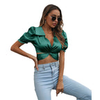 Damen Satin Bluse mit Knoten und Puffärmeln R&B