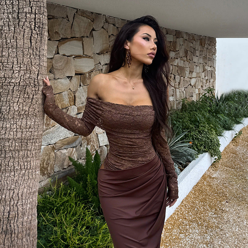 Damen Elegantes Off-Shoulder Kleid mit Spitzenoberteil R&B