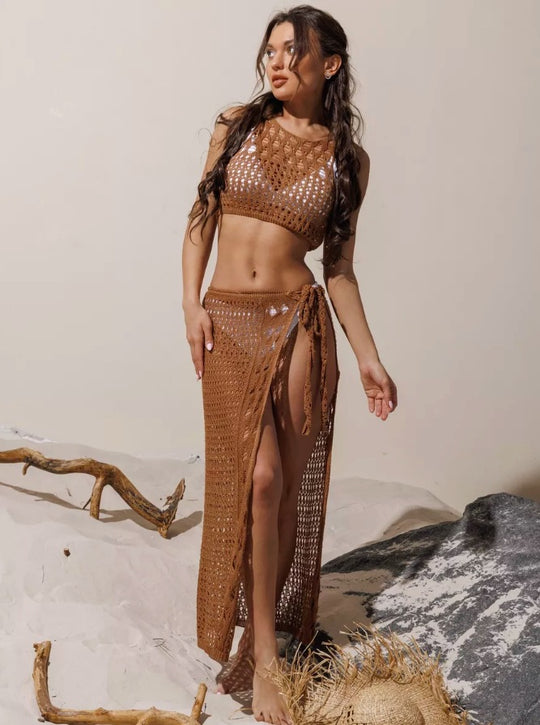 Damen Häkel-Bikini-Set mit hochgeschnittenem Rock R&B