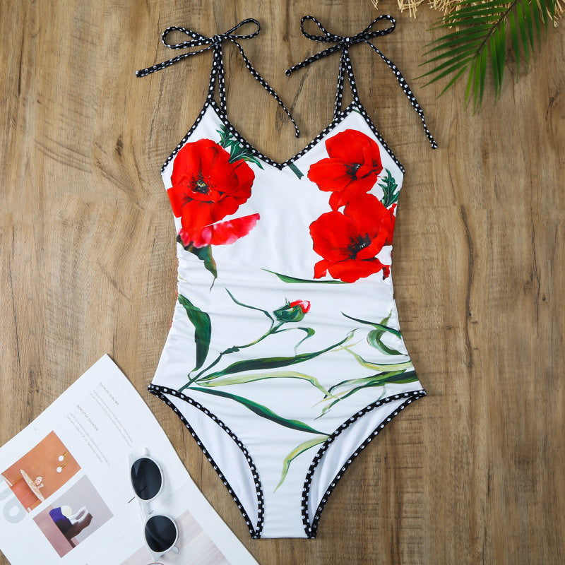 Damen Einteiler Badeanzug mit floralen Akzenten und passendem Wickelrock R&B