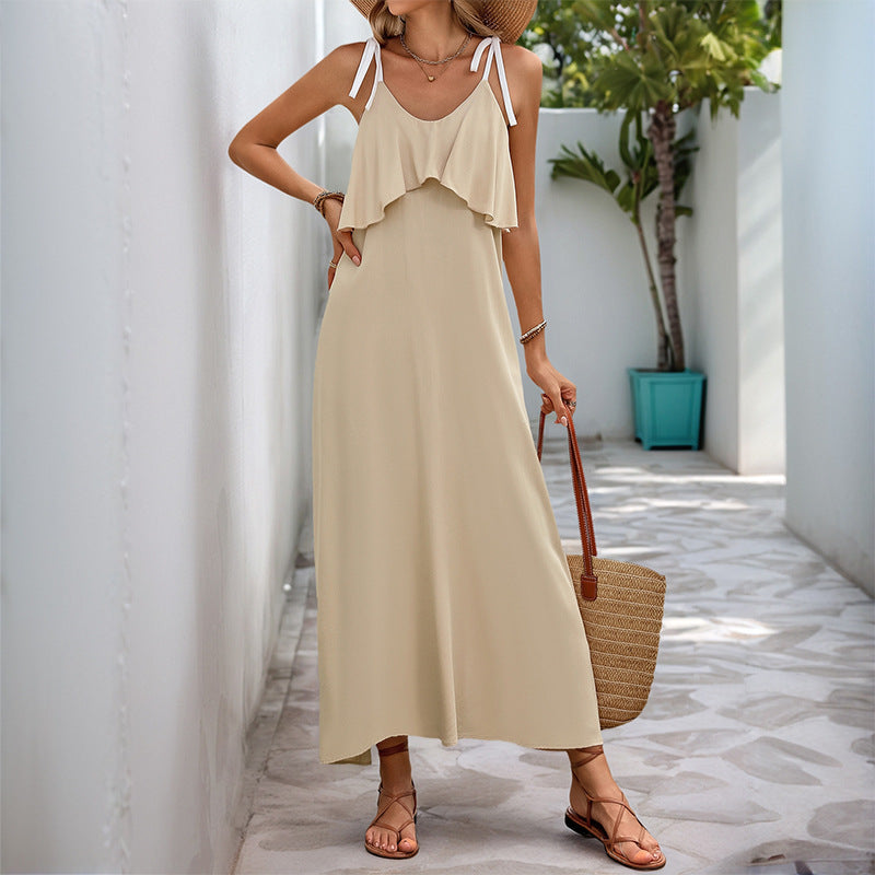 Damen Maxi-Kleid mit Rüschendesign und verstellbaren Trägern R&B