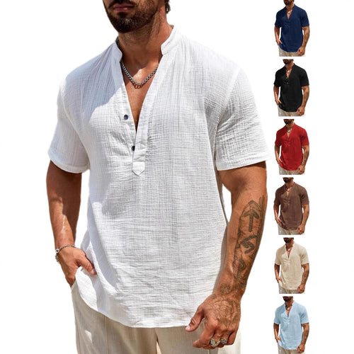 Herren Kurzarm Henley Hemd mit modernem Stehkragen aus leichtem Baumwollmaterial R&B