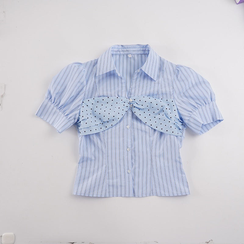 Damen Stylische gestreifte Bluse mit Rüschendetail und Punktenmuster R&B