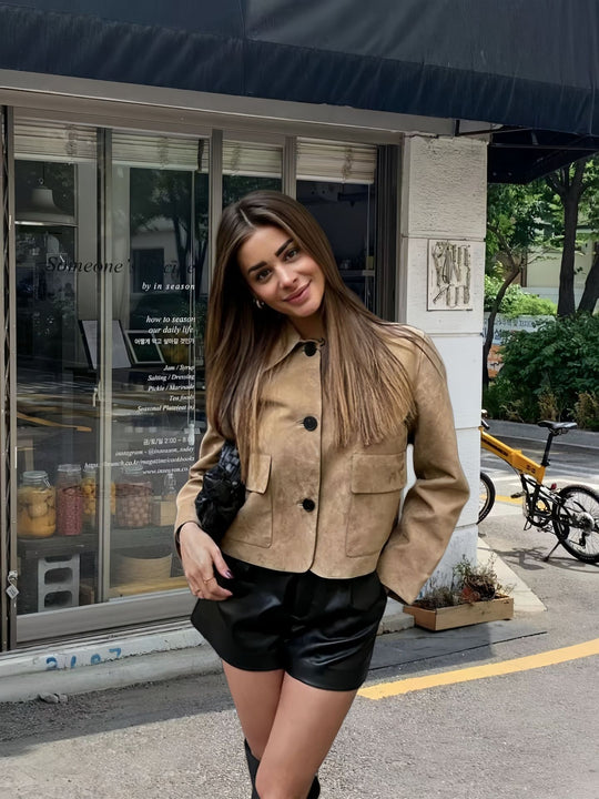 Damen modische Wildlederjacke mit aufgesetzten Taschen R&B