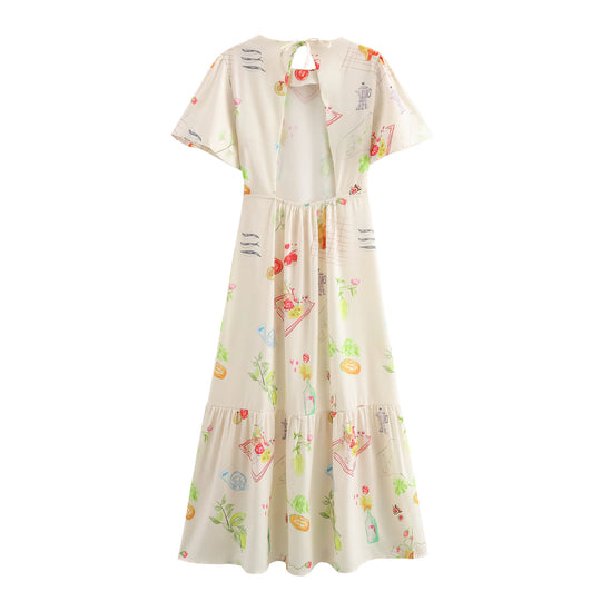 Damen Maxikleid mit buntem Musterdruck und fließendem Volant R&B