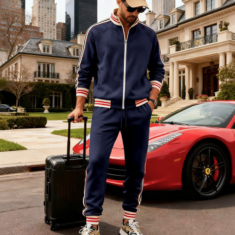 Herren nan sportiver Trainingsanzug mit gestreiften Rippbündchen, Reißverschlussjacke und tapered Jogginghose R&B