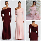 Damen Elegantes Langarm-Maxikleid mit asymmetrischem Drapierungsdetail EB