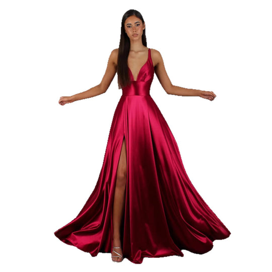 Damen Elegantes Maxikleid mit tiefem V-Ausschnitt und modischem Schlitz R&B