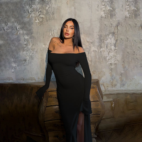Damen figurbetontes schulterfreies Maxikleid mit elegantem Schlitz R&B