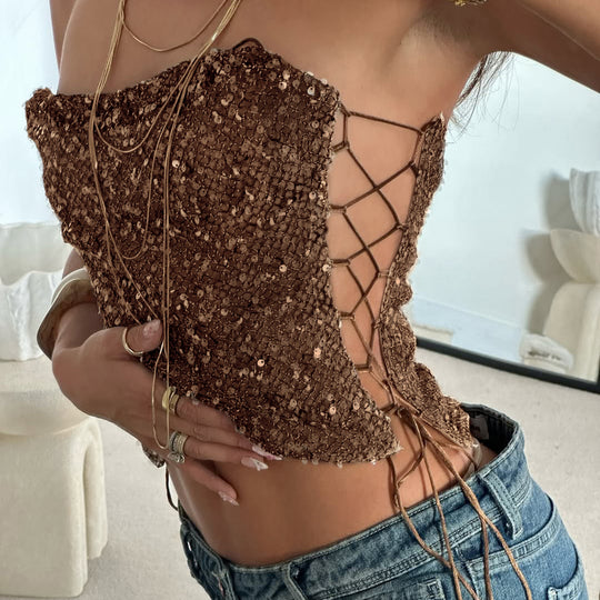 Damen Pailletten-Minikleid mit Leopardenmuster und verstellbaren Spaghettiträgern R&B