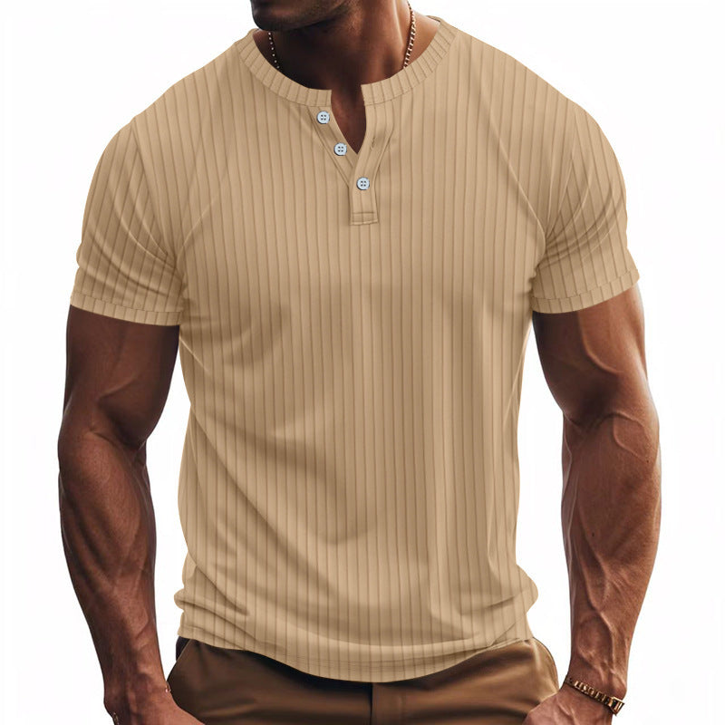 Herren Kurzarm Henley-Shirt mit Streifenmuster und praktischen Knöpfen R&B
