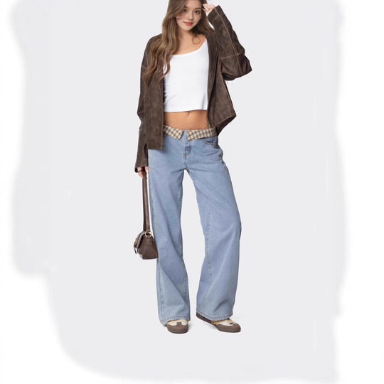 Damen Weite Jeans mit kariertem Bund R&B