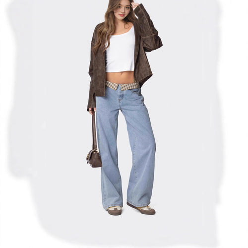 Damen Weite Jeans mit kariertem Bund R&B