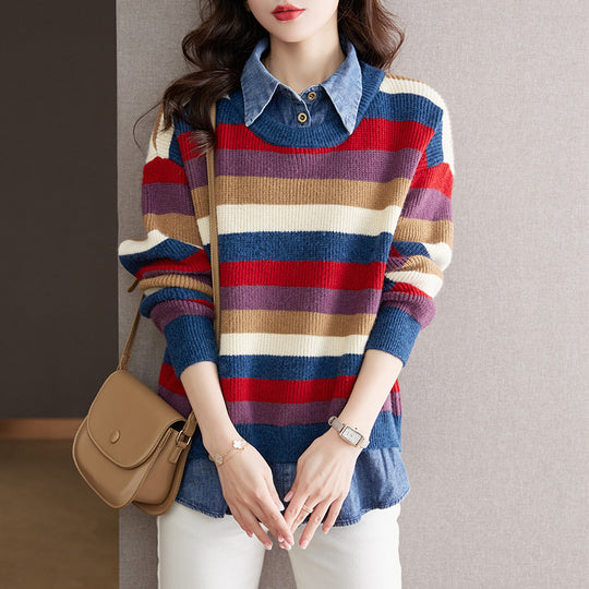 Damen gestreifter Strickpullover mit lässigem Schnitt und angenehmem Tragegefühl R&B