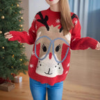 Damen festlicher Pullover mit weihnachtlichem Rentier-Motiv und lockerer Passform R&B