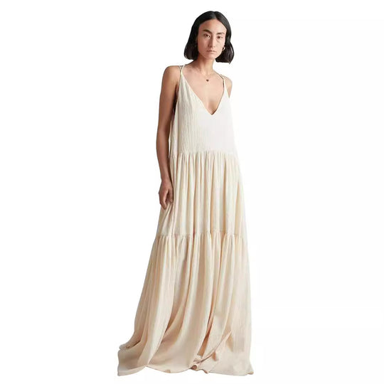 Damen Maxikleid mit tiefem V-Ausschnitt und voluminösem Rock R&B