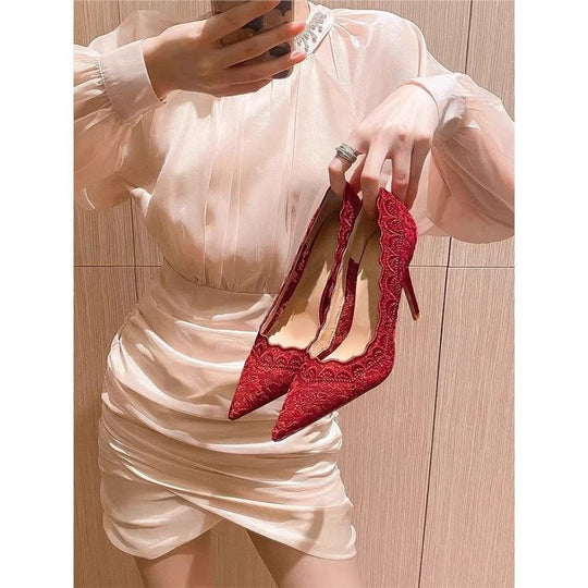 Damen elegante Slingback-Pumps mit zarter Spitzenverzierung R&B