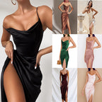Damen Elegantes und figurbetontes Satin-Cocktailkleid mit hohem Schlitz R&B