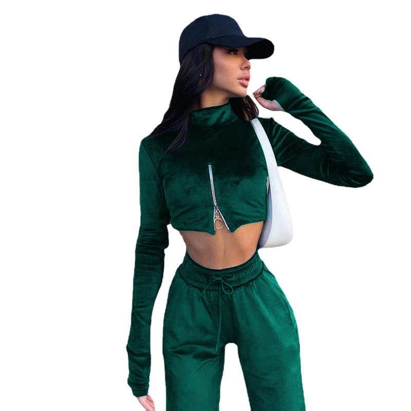 Damen lässiger Sportanzug mit kurzem Oberteil und hohem Kragen R&B