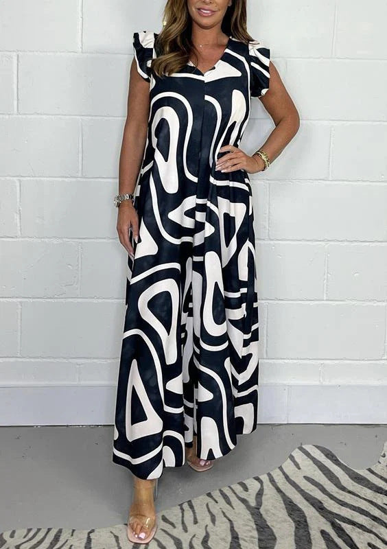 Damen Maxikleid mit kreativem grafischen Muster und Rüschen R&B
