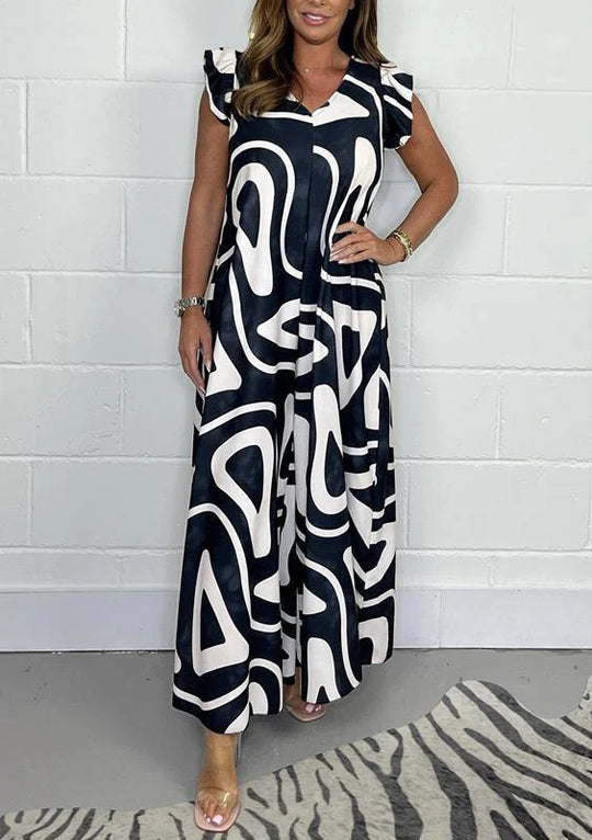 Damen Maxikleid mit kreativem grafischen Muster und Rüschen R&B